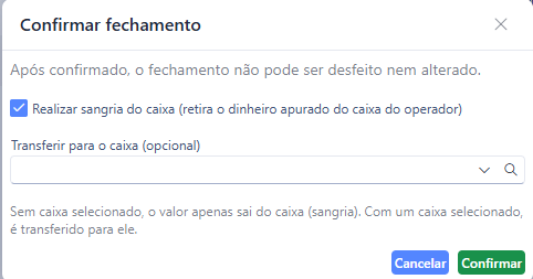 Confirmação do fechamento de caixa