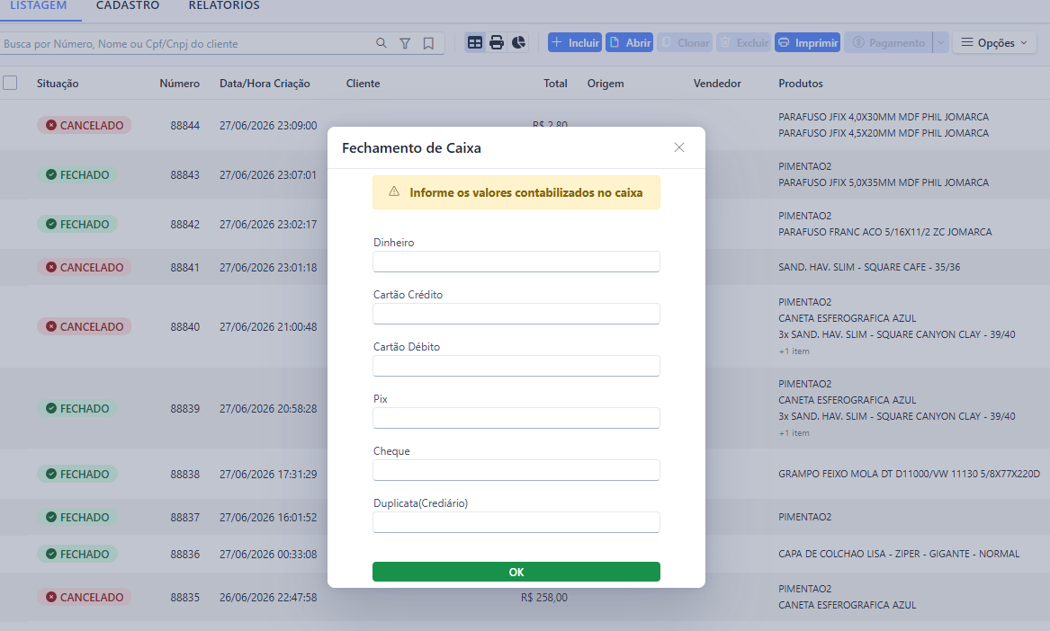 Janela de fechamento de caixa com os valores por forma de pagamento