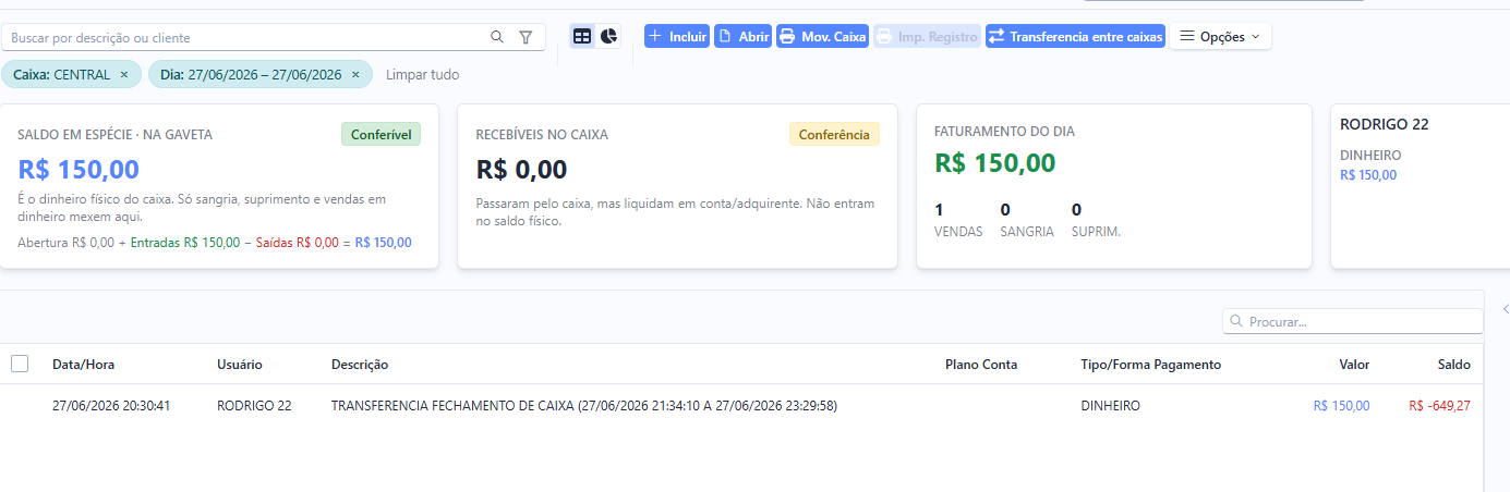 Transferência do fechamento no caixa de destino