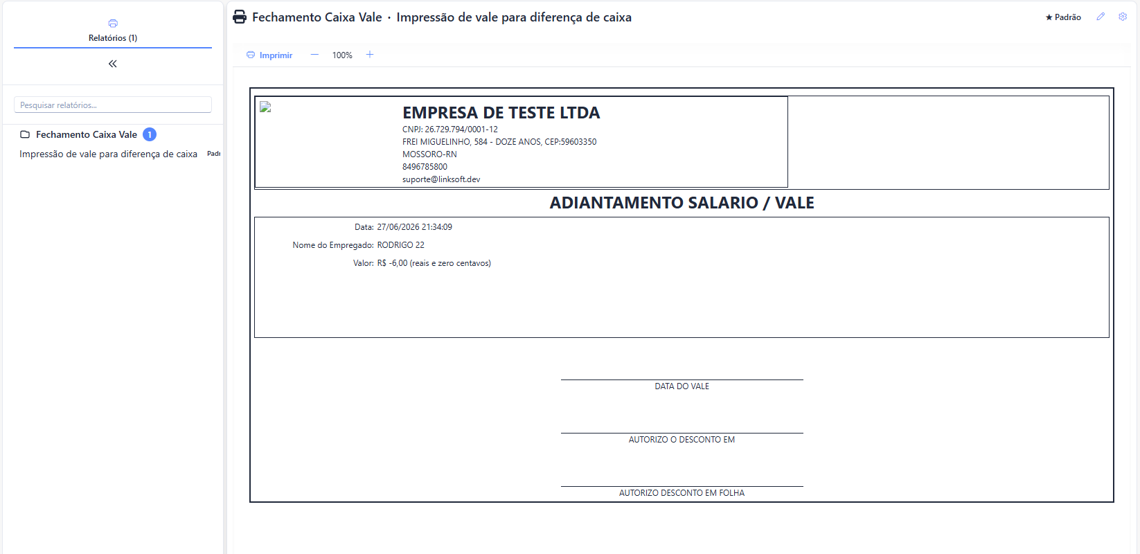 Vale de diferença de caixa
