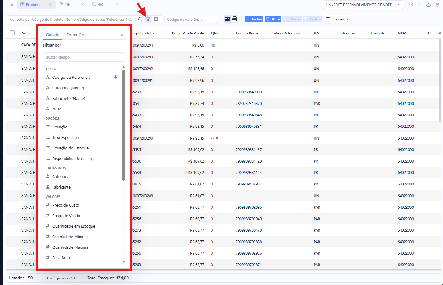 Aba Guiado com a lista de campos disponíveis para filtrar
