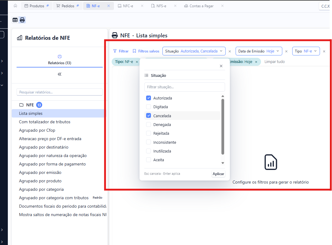 Barra de filtros usada para configurar os dados de um relatório antes de gerá-lo