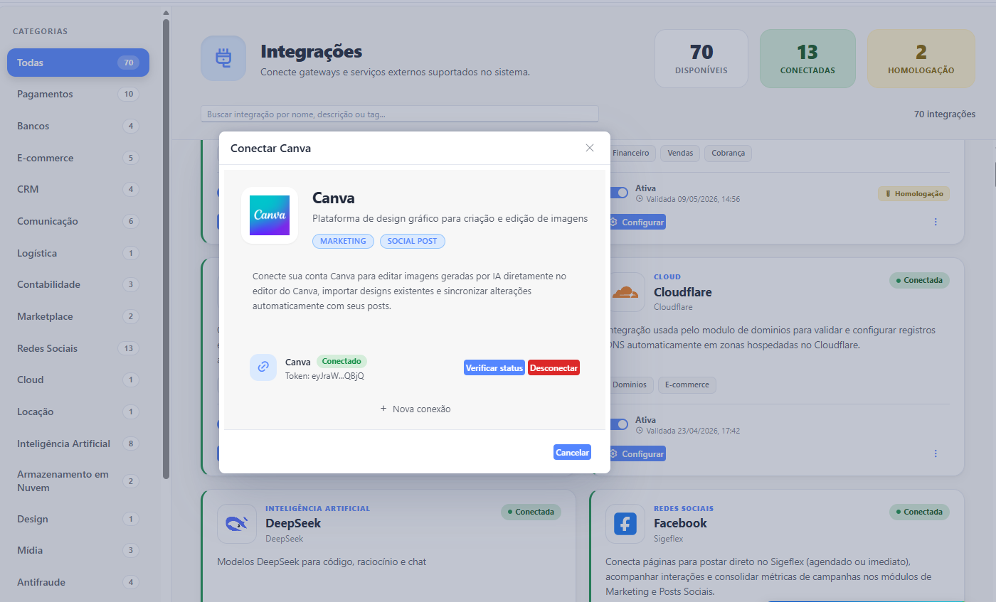 Janela de conexão de uma integração, com as conexões existentes, os botões Verificar status e Desconectar, a opção Nova conexão e o aviso Como obter as credenciais