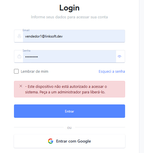 Tela de login com o aviso de que o dispositivo não está autorizado a acessar o sistema
