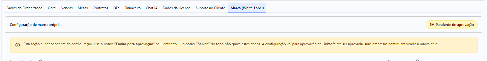 Aba Marca (White-Label) na tela de Configuração