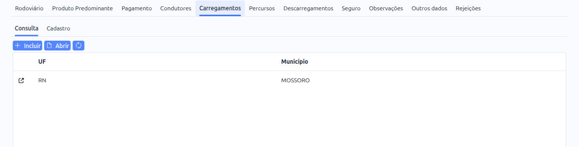 Aba Carregamentos do MDF-e, com UF e município de carregamento