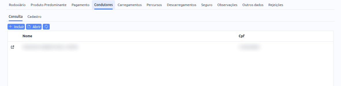 Aba Condutores do MDF-e, com a lista de condutores cadastrados