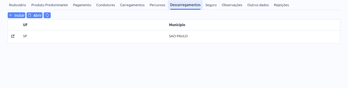 Aba Descarregamentos do MDF-e, com UF, município e notas de referência