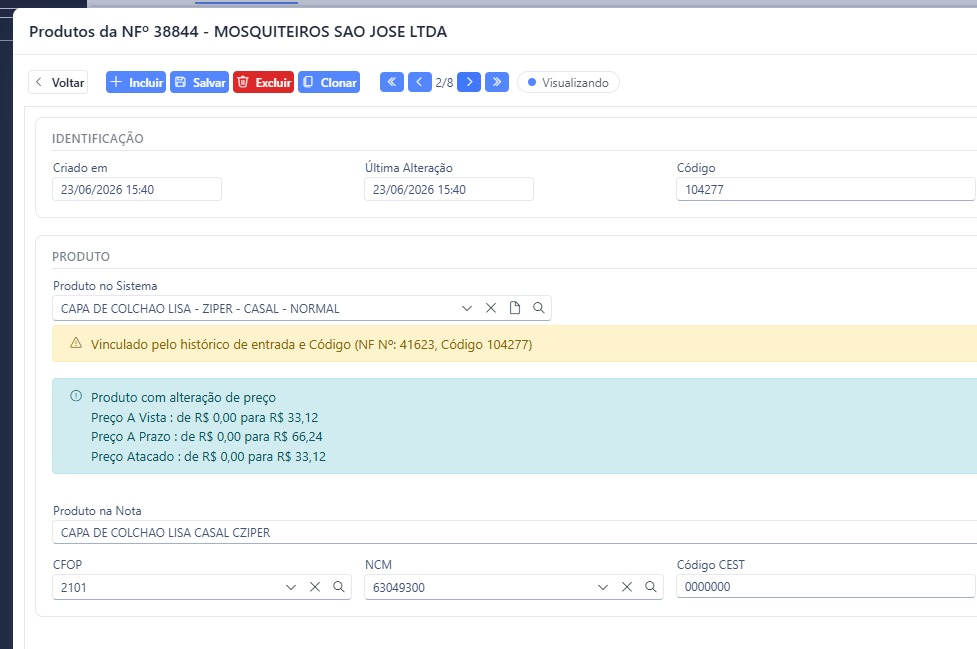 Item da nota com a mensagem "Vinculado pelo histórico de entrada e Código (NF Nº: 41623, Código 104277)"