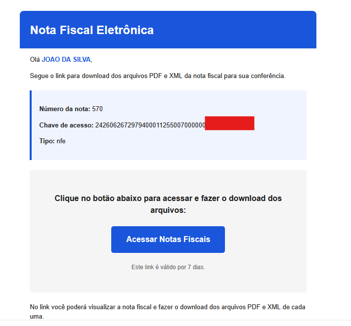 E-mail recebido pelo cliente com a NF-e