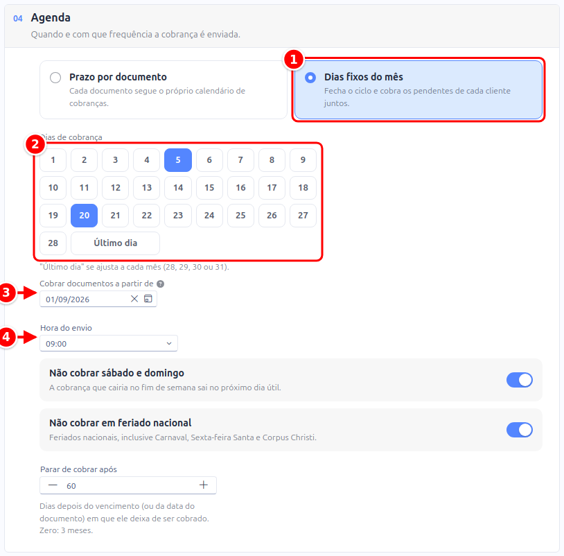 Bloco Agenda com Dias fixos do mês, a grade de dias com 5 e 20 marcados, Cobrar documentos a partir de e Hora do envio numerados de 1 a 4