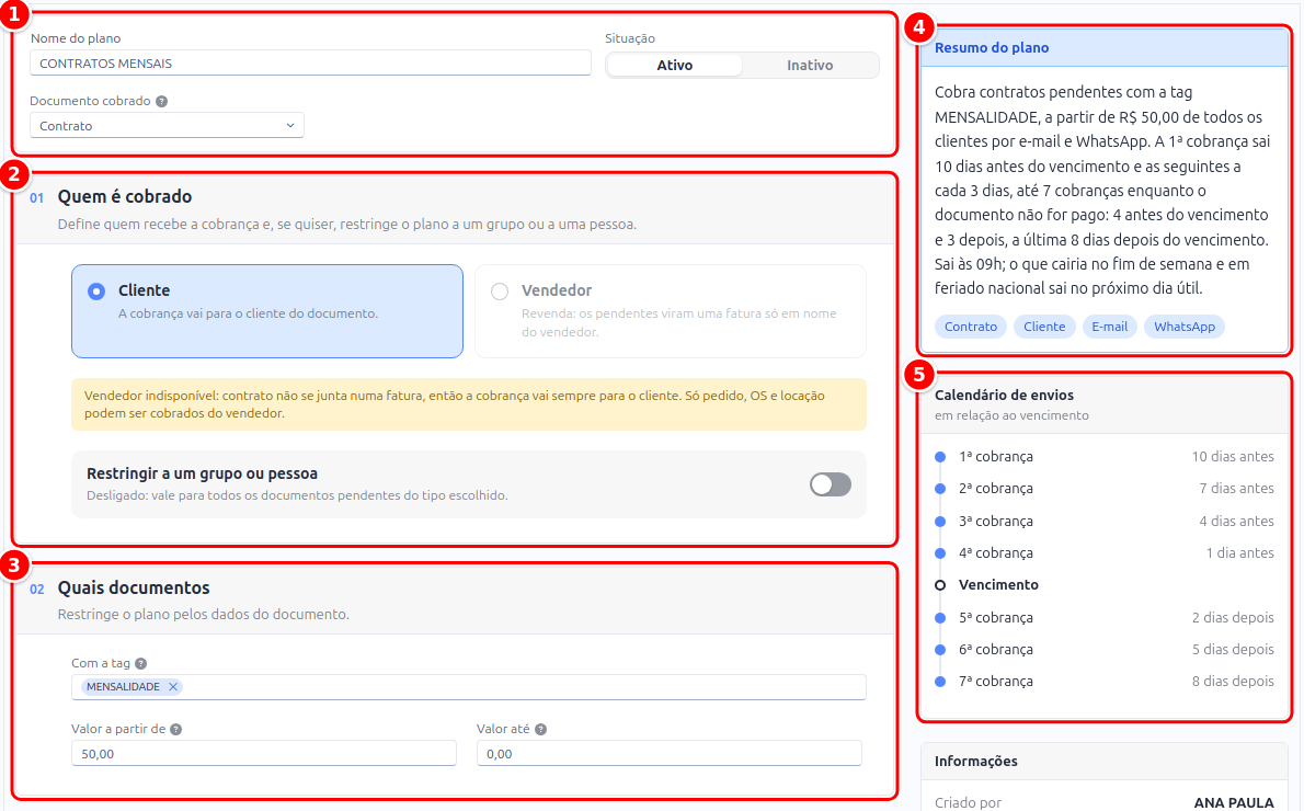 Tela do plano de cobrança com o cabeçalho, os blocos Quem é cobrado e Quais documentos, o resumo e o calendário de envios numerados de 1 a 5