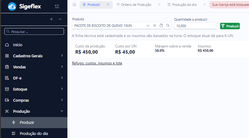 Tela Produzir: produto, quantidade e o resumo com custo da produção, custo por unidade, margem e insumos