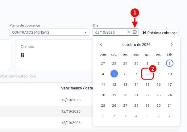 Calendário aberto no campo Dia, com o dia 8 marcado
