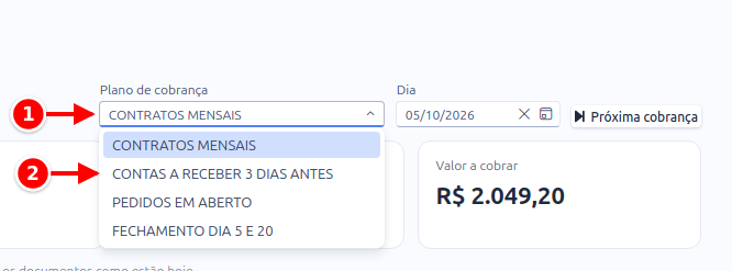 Lista de planos aberta, com o campo Plano de cobrança e o plano escolhido numerados